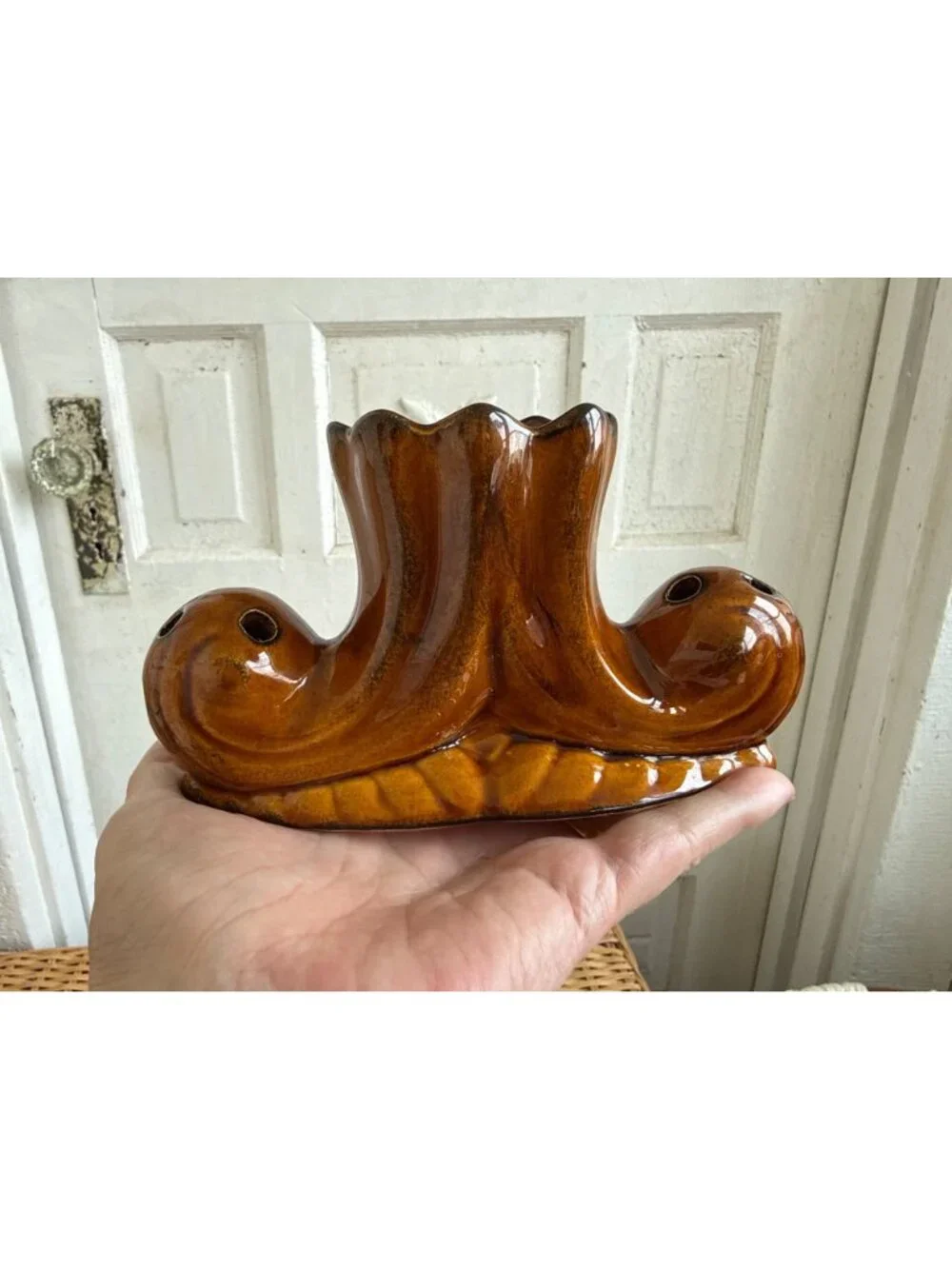 Vintage 70s Anna Van Briggle Brown Pottery Flower Frog Vase